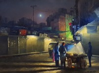 Zulfiqar Ali Zulfi, Moon Light Street, 30 x 40 Inch, Oil on Canvas, Cityscape Painting-AC-ZUZ-070